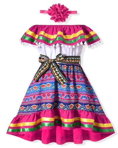 Toddler Girls Mexican Dress Little Girl Off Shoulder Bowknot Traditional Color Block Dresses