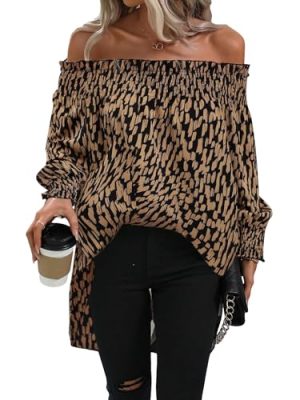 Women's Off Shoulder High Low Tunic Tops Allover Print Long Puff Sleeve Blouse