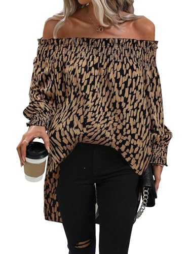Women's Off Shoulder High Low Tunic Tops Allover Print Long Puff Sleeve Blouse