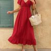 Womens Spring Dresses 2025 Casual Short Sleeve V Neck Drawstring Wedding Guest Maxi Dresses Boho Beach Long Dress