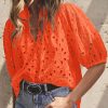 Women's Summer Tops 2025 Dressy Casual Short Sleeve V Neck Buttons Hollow Out Lace Embroidered Blouses Shirts