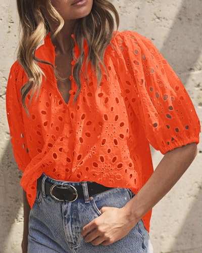 Women's Summer Tops 2025 Dressy Casual Short Sleeve V Neck Buttons Hollow Out Lace Embroidered Blouses Shirts