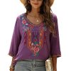 Women's Summer Boho Embroiderered Mexican Tops Bohemian V Neck 3/4 Sleeve Blouse for Women Causal Loose Hippie Shirt Tunic