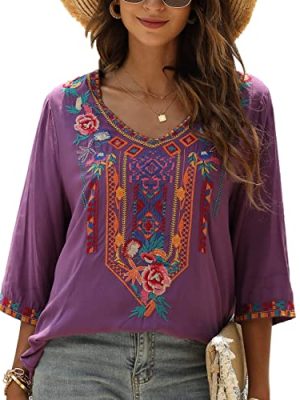 Women's Summer Boho Embroiderered Mexican Tops Bohemian V Neck 3/4 Sleeve Blouse for Women Causal Loose Hippie Shirt Tunic