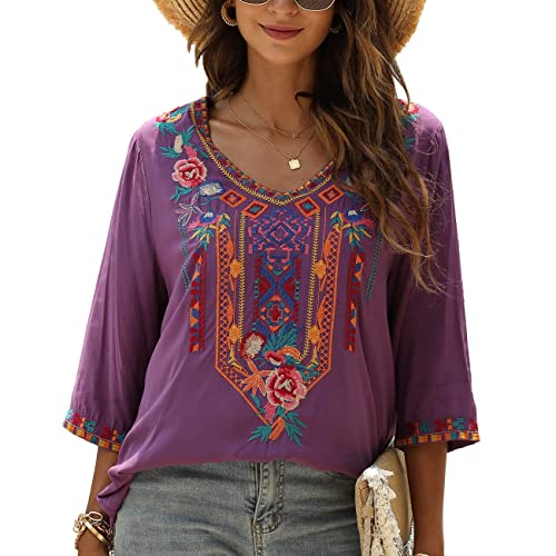 Women's Summer Boho Embroiderered Mexican Tops Bohemian V Neck 3/4 Sleeve Blouse for Women Causal Loose Hippie Shirt Tunic