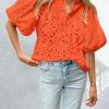 Women's Summer Tops 2025 Dressy Casual Short Sleeve V Neck Buttons Hollow Out Lace Embroidered Blouses Shirts