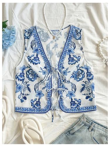 Women's Floral Bow Tie Front Tops V Neck Sleeveless Crop Boho Country Concert Vest Top