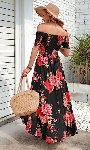 Women Short Sleeve Off Shoulder Floral High Low Flowy Summer Party Long Maxi Dress