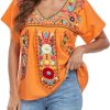 Women's Mexican V Neck Top Peasant Embroidered Blouse Traditional Summer Short Sleeve Shirt