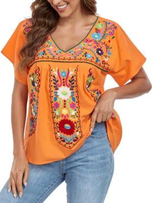 Women's Mexican V Neck Top Peasant Embroidered Blouse Traditional Summer Short Sleeve Shirt