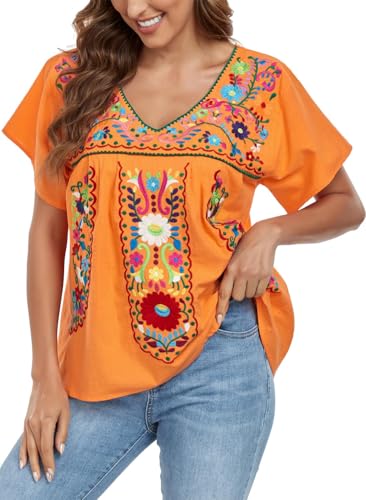 Women's Mexican V Neck Top Peasant Embroidered Blouse Traditional Summer Short Sleeve Shirt