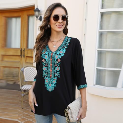 Embroidered Tops for Women 3/4 Sleeve Traditional Mexican Shirts V Neck Boho Floral Peasant Tops Loose Tunic Blouses