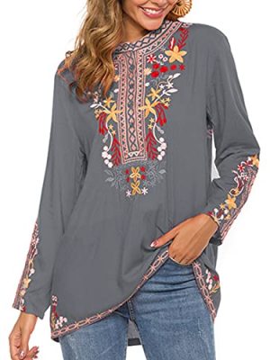 Women's Mexican Boho Embroidered Tops Long Sleeve Peasant Casual Loose Tunics Fall Blouse Shirts for Women