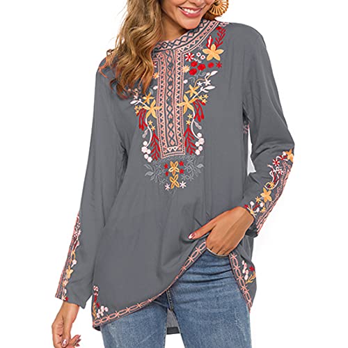 Women's Mexican Boho Embroidered Tops Long Sleeve Peasant Casual Loose Tunics Fall Blouse Shirts for Women