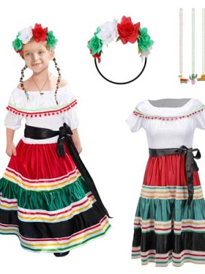 Traditional Mexican Dress for Girls Folklorico Dance Dress Cinco De Mayo Girls Party Costume Mexican Fiesta Dress Kit