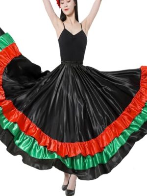 Adult Ruffles Black Red Green Maxi Long Dance Skirt Folklorico Skirt for Mexican Flamenco Halloween Costume