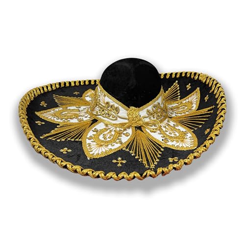 Authentic Mariachi Charro Sombrero - Traditional Mexican Hat with Unique Embroidery, Black Gold (Design and Color May Vary)