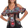 Women's Mexican Tops Cold Shoulder V Neck Sexy Blouse Short Sleeve Shirts Embroidered Floral Tunic