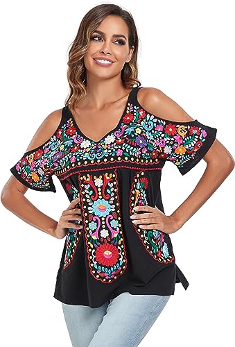 Women's Mexican Tops Cold Shoulder V Neck Sexy Blouse Short Sleeve Shirts Embroidered Floral Tunic