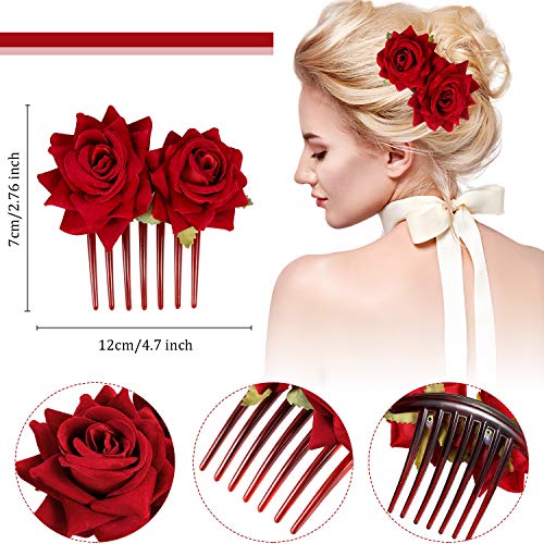 4 Pieces Rose Flower Hair Clip Big Rose Brooch Floral Clips Mexican Flower Hair Accessories for Woman Flamenco Dancer Bridal