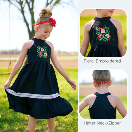 Girls Mexican Floral Embroidered Dress Halter Neck Sleeveless Ruffle Party Long Maxi Dresses