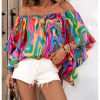 Women's Off The Shoulder Tops Boho Asymmetrical 3/4 Sleeve Ruffle Colorful Blouses Shirt Tops Dressy Casual