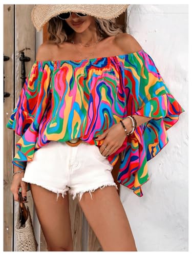 Women's Off The Shoulder Tops Boho Asymmetrical 3/4 Sleeve Ruffle Colorful Blouses Shirt Tops Dressy Casual