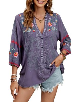 Mexican Shirts Peasant Blouses Cotton Embroidered 3/4 Sleeve Summer V Neck Tunic Bohemian Tops Boho Clothes for Women
