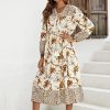 Womens Women's Long Sleeve Floral Print Retro V Neck Tassel Bohemian Midi Dresses