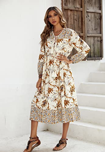 Womens Women's Long Sleeve Floral Print Retro V Neck Tassel Bohemian Midi Dresses