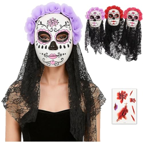 Mexican Day of the Dead Mask for Women Dia de los Muertos Headpiece Full Skeleton Skull Flower Mask, Festival Cosplay