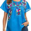 Women's Embroidered Mexican Peasant Blouse Mexico Summer Shirt Short Sleeve
