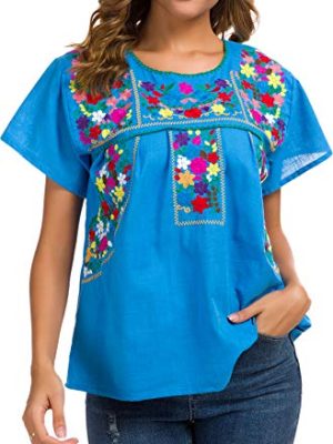 Women's Embroidered Mexican Peasant Blouse Mexico Summer Shirt Short Sleeve