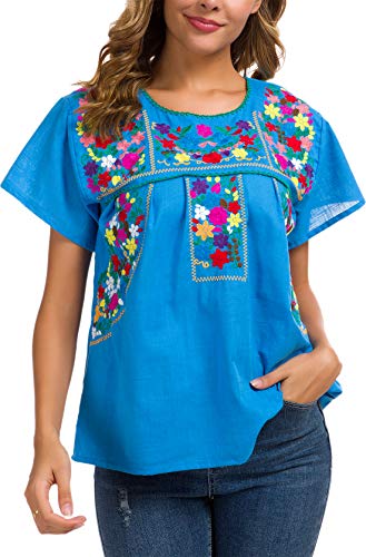Women's Embroidered Mexican Peasant Blouse Mexico Summer Shirt Short Sleeve