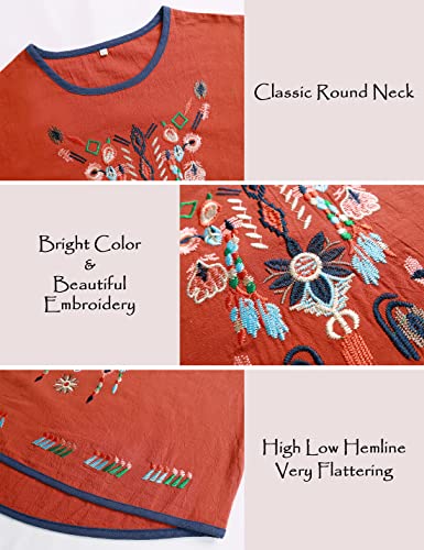 Women's Cotton Linen Tops Embroidered Short Sleeve Peasant Boho Mexican Tunic Top Festival Casual Loose T Shirt