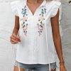 Women's Floral Embroidered V Neck Ruffle Cap Sleeve Peplum Blouse Top