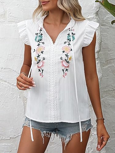 Women's Floral Embroidered V Neck Ruffle Cap Sleeve Peplum Blouse Top