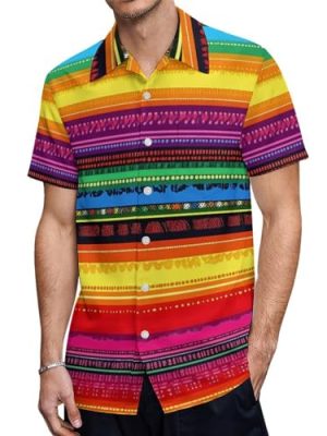 Mexican Serape Colorful Stripes Mens Shirts Short Sleeve Button Down Beach Shirts with Pockets