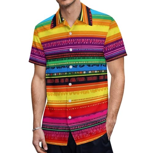 Mexican Serape Colorful Stripes Mens Shirts Short Sleeve Button Down Beach Shirts with Pockets