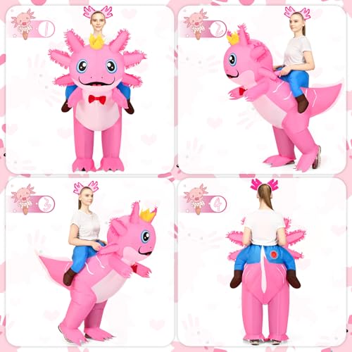Inflatable Axolotl Costume for Kids Adult, Funny Halloween Ride on Axolotl Blow Up Costumes with Headband for Women