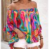 Women's Off The Shoulder Tops Boho Asymmetrical 3/4 Sleeve Ruffle Colorful Blouses Shirt Tops Dressy Casual