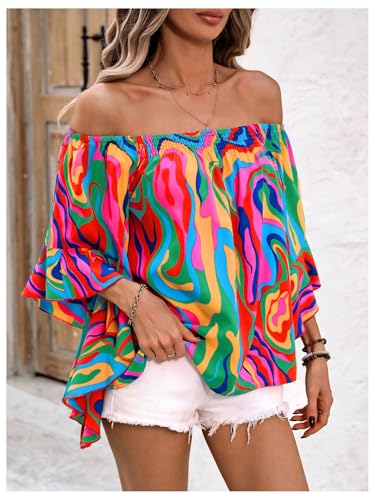 Women's Off The Shoulder Tops Boho Asymmetrical 3/4 Sleeve Ruffle Colorful Blouses Shirt Tops Dressy Casual