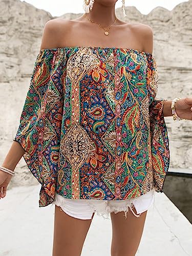 Women's Boho Off Shoulder 3/4 Bell Sleeve Summer Blouse Top