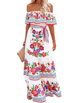 Mexican Dress for Women Off Shoulder Floral Print Maxi Dress Summer Party Casual Sundress Dresses
