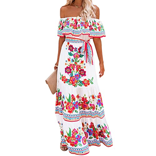 Mexican Dress for Women Off Shoulder Floral Print Maxi Dress Summer Party Casual Sundress Dresses