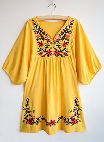 Summer Dress V Neck Mexican Embroidered Peasant Women's Dressy Tops Blouses
