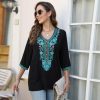 Embroidered Tops for Women 3/4 Sleeve Traditional Mexican Shirts V Neck Boho Floral Peasant Tops Loose Tunic Blouses
