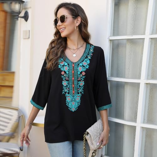 Embroidered Tops for Women 3/4 Sleeve Traditional Mexican Shirts V Neck Boho Floral Peasant Tops Loose Tunic Blouses