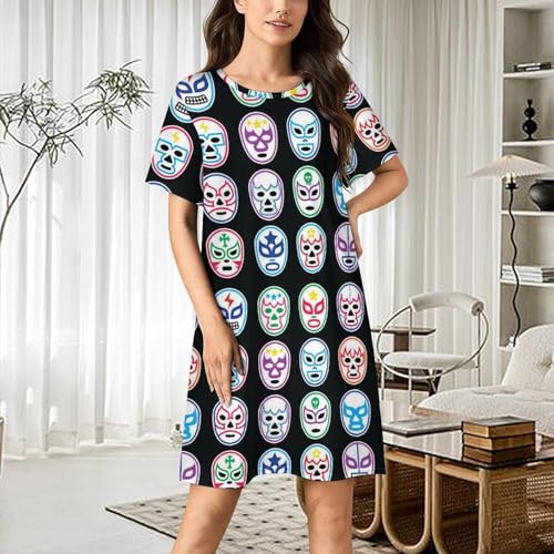 Lucha Libre Mexican Wrestling Masks Nightgowns for Women Sleepwear Short Sleeve Sleep Dress Nightshirt