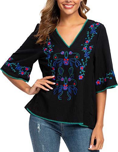 Women's Summer Peasant Blouses Boho Embroidery Mexican Bohemian Tops Shirt Tunic Blouses